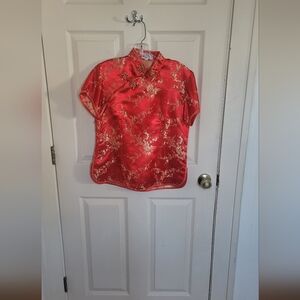 Red Floral Silk Traditional Chinese Blouse Size M/L LAOGUDAI Brand